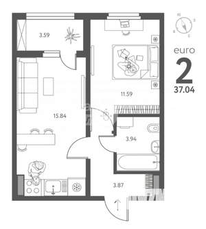 2-к квартира, вторичка, 37м2, 17/18 этаж