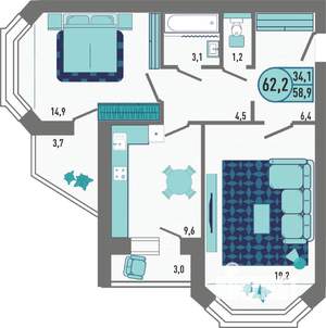 2-к квартира, строящийся дом, 62м2, 17/18 этаж