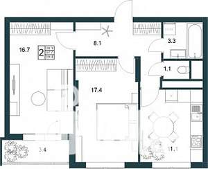 2-к квартира, строящийся дом, 59м2, 15/19 этаж
