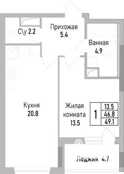 1-к квартира, строящийся дом, 49м2, 18/19 этаж