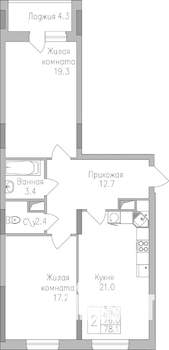 2-к квартира, строящийся дом, 78м2, 9/19 этаж