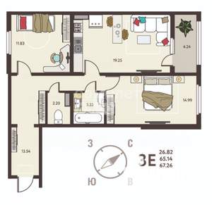 2-к квартира, вторичка, 67м2, 10/18 этаж