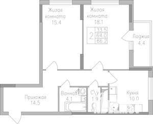 2-к квартира, строящийся дом, 66м2, 15/19 этаж