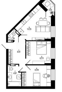 3-к квартира, строящийся дом, 57м2, 11/17 этаж