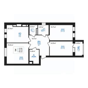 3-к квартира, строящийся дом, 96м2, 3/8 этаж