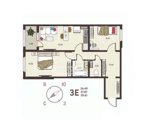 2-к квартира, вторичка, 60м2, 7/17 этаж