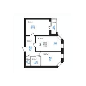 2-к квартира, строящийся дом, 62м2, 4/8 этаж