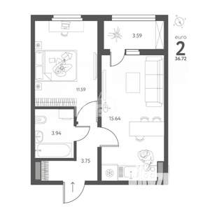1-к квартира, вторичка, 37м2, 8/17 этаж