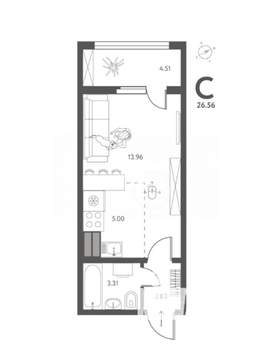 Студия квартира, вторичка, 27м2, 11/17 этаж
