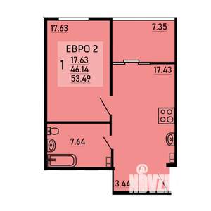 1-к квартира, вторичка, 53м2, 4/25 этаж