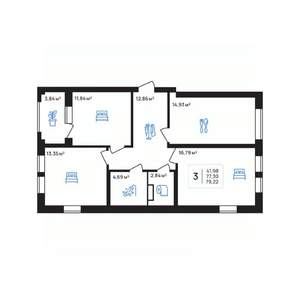 3-к квартира, строящийся дом, 79м2, 3/8 этаж