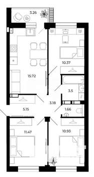 3-к квартира, вторичка, 64м2, 9/11 этаж