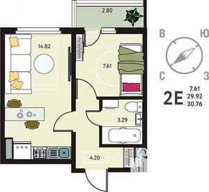 1-к квартира, сданный дом, 31м2, 14/17 этаж