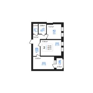 2-к квартира, строящийся дом, 61м2, 6/8 этаж