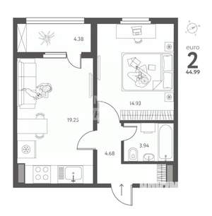 2-к квартира, вторичка, 45м2, 3/17 этаж
