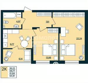 2-к квартира, вторичка, 65м2, 6/20 этаж