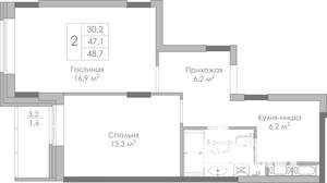 2-к квартира, строящийся дом, 49м2, 17/19 этаж