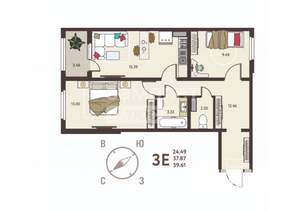 2-к квартира, вторичка, 60м2, 13/17 этаж