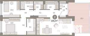 2-к квартира, строящийся дом, 105м2, 2/25 этаж