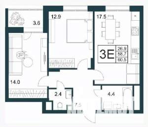 2-к квартира, строящийся дом, 61м2, 21/21 этаж