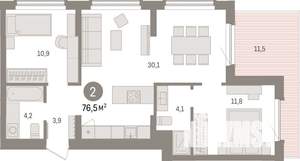 2-к квартира, строящийся дом, 77м2, 7/25 этаж
