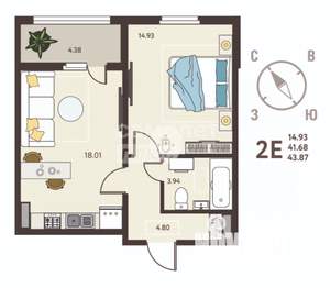 2-к квартира, вторичка, 44м2, 17/17 этаж