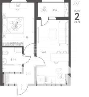 2-к квартира, вторичка, 37м2, 9/17 этаж