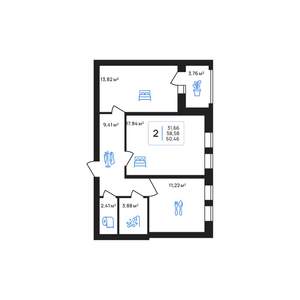 2-к квартира, строящийся дом, 60м2, 7/8 этаж
