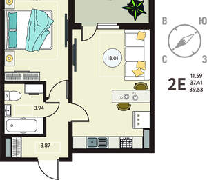 1-к квартира, сданный дом, 40м2, 5/18 этаж