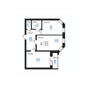 2-к квартира, строящийся дом, 62м2, 3/8 этаж