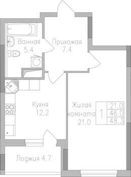 1-к квартира, строящийся дом, 48м2, 9/19 этаж