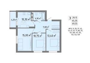 3-к квартира, строящийся дом, 70м2, 10/19 этаж