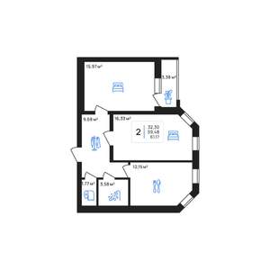 2-к квартира, строящийся дом, 61м2, 2/7 этаж