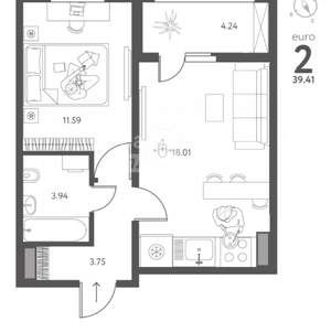 2-к квартира, вторичка, 39м2, 4/17 этаж