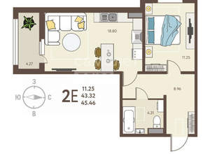 2-к квартира, вторичка, 45м2, 4/18 этаж