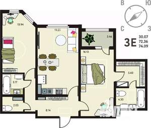 2-к квартира, вторичка, 74м2, 6/18 этаж