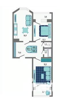 2-к квартира, вторичка, 72м2, 1/18 этаж