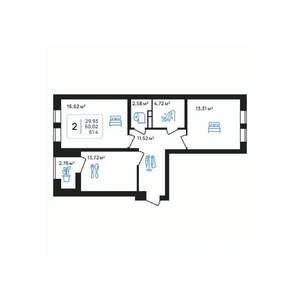2-к квартира, строящийся дом, 61м2, 6/8 этаж