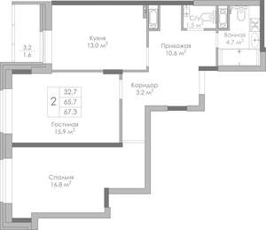 2-к квартира, строящийся дом, 67м2, 10/19 этаж
