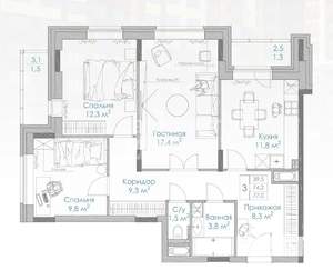 3-к квартира, вторичка, 77м2, 9/19 этаж