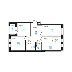 3-к квартира, строящийся дом, 78м2, 2/8 этаж