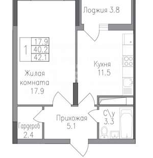 1-к квартира, вторичка, 42м2, 9/19 этаж