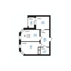 2-к квартира, строящийся дом, 55м2, 6/7 этаж