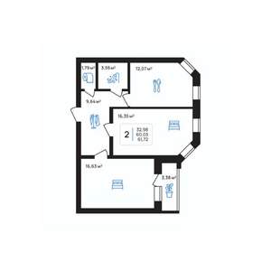2-к квартира, строящийся дом, 62м2, 4/8 этаж