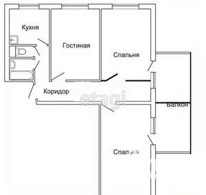 3-к квартира, вторичка, 60м2, 6/9 этаж