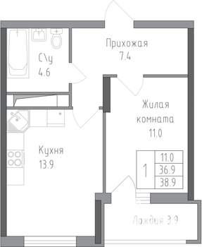1-к квартира, строящийся дом, 39м2, 10/19 этаж