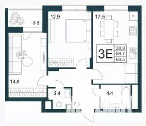 2-к квартира, строящийся дом, 61м2, 21/21 этаж
