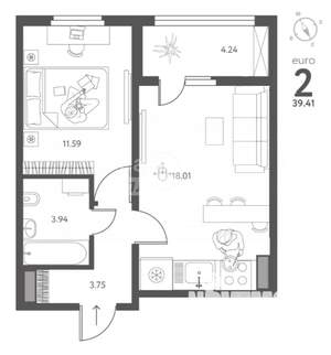 2-к квартира, вторичка, 39м2, 4/17 этаж