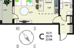 Студия квартира, сданный дом, 28м2, 5/18 этаж