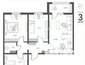 2-к квартира, вторичка, 61м2, 6/17 этаж